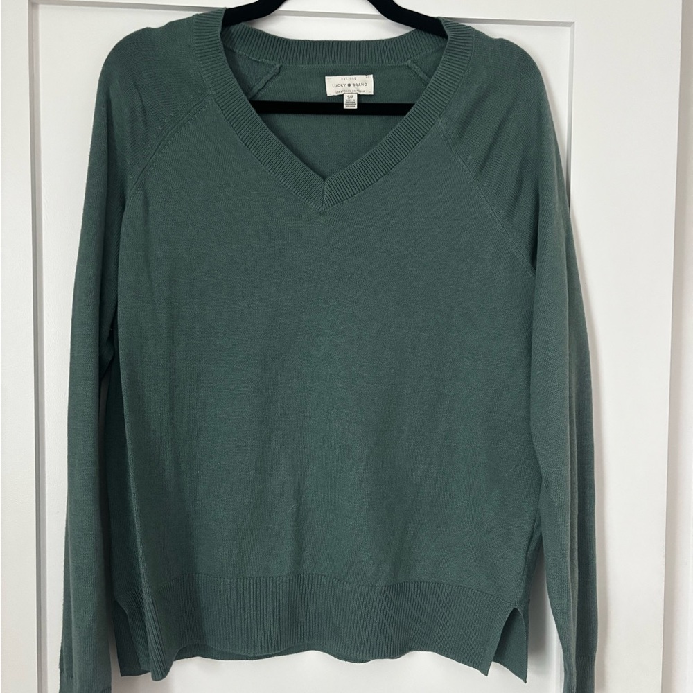 Lucky Brand Green V Neck Sweater Small Soft Lightweight Pullover